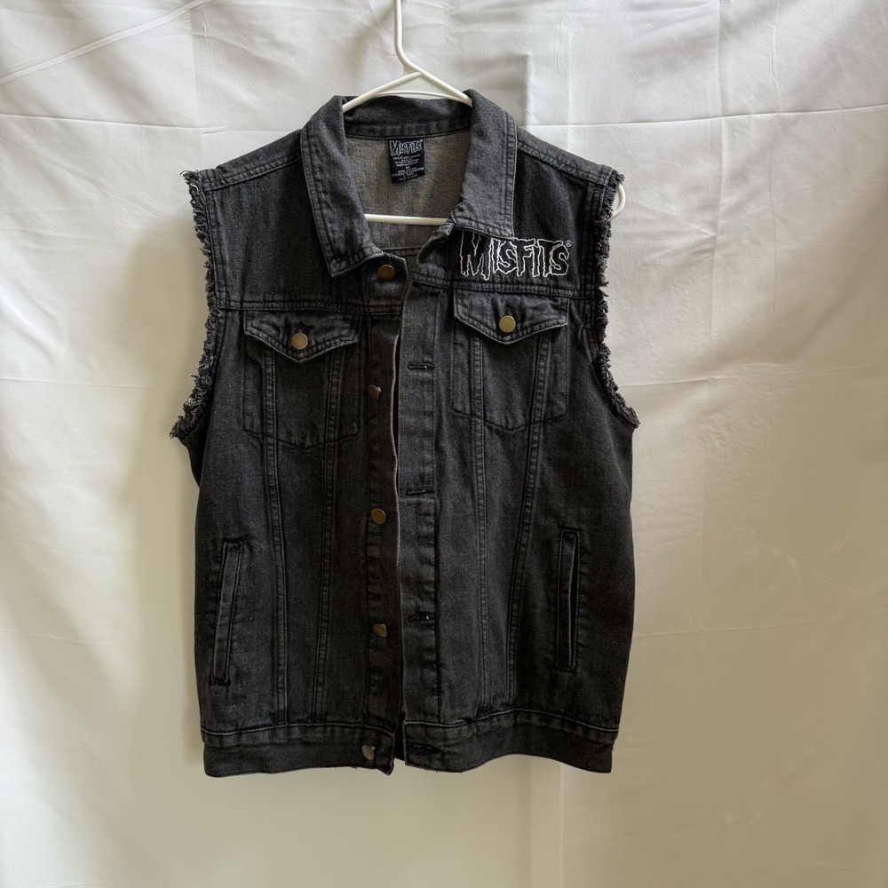 Misfits Fiend Club Denim Vest Mens M Black Punk Rock Band Frayed Cut Off Jacket